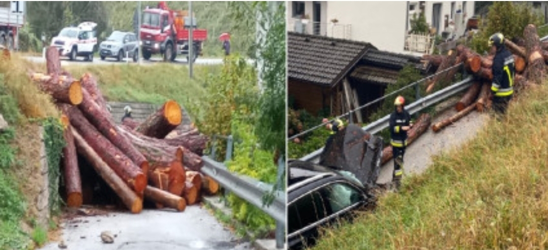 Fear in Valsugana, a timber trailer overturns and the logs crush a car with a 4-year-old child and a woman on board